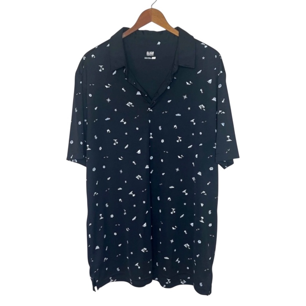 Sligo Men's All Over Print Coastal Print Black Collared Golf T Shirt XL